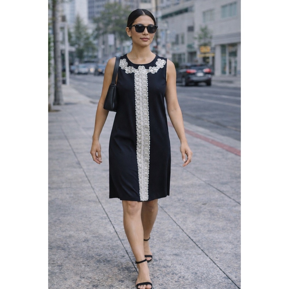 Tibi New York Shift Dressβ Women 4 Black Silver Metallic Embroidered Excellent